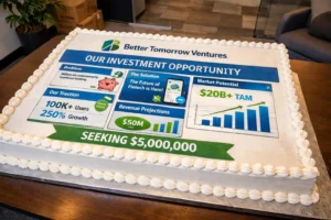 Large custom startup pitch deck cake delivered to Better Tomorrow Ventures office, featuring printed slides with fintech investment proposal, $20B+ TAM market chart, revenue projections, 100K+ users growth metrics, and “Seeking $5,000,000” funding message in a modern venture capital firm setting.