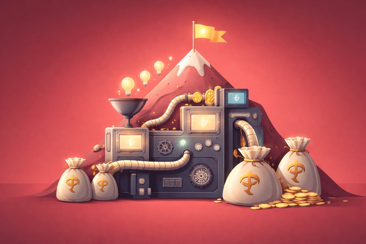 Minimalist flat vector illustration in deep pink tones showing a stylized machine at the base of a mountain peak. Glowing lightbulbs flow into the machine through a funnel, while gears and pipes convert them into gold coins that spill into money bags below. A small flag sits atop the peak, symbolizing ambition and market leadership. Soft cinematic lighting, subtle shadows, and generous negative space create a premium magazine-cover composition representing a venture capital engine driven by conviction and disciplined investing. Peak XV