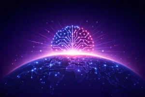 Minimalist editorial illustration of a glowing AI neural network rising over a digital globe with spreading circuit lines, symbolizing OpenAI’s global expansion and the accelerating artificial intelligence race.”