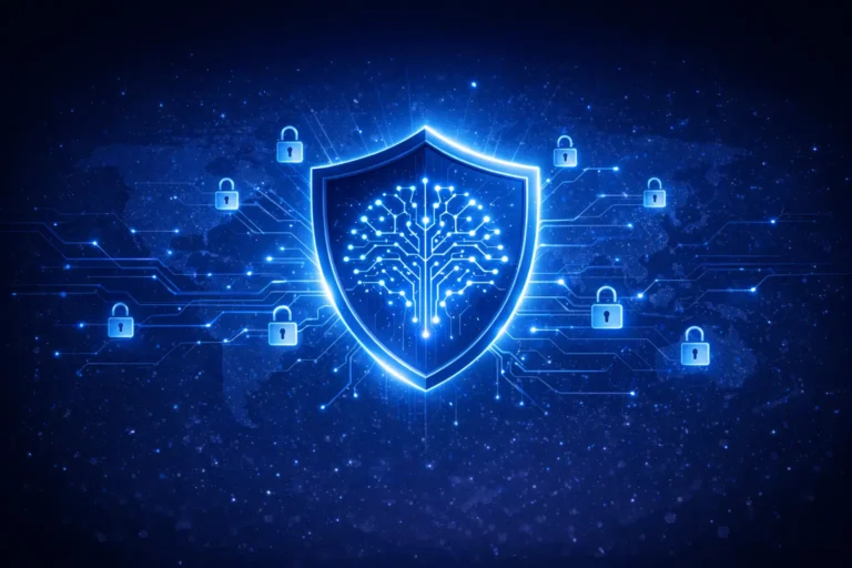 **SEO-friendly Alt Text:** “Futuristic blue themed illustration of a glowing AI shield with a neural network at the center, surrounded by connected padlock icons across a digital world map, symbolizing Claude AI and global cybersecurity powered by artificial intelligence.”
