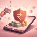 **SEO-friendly Alt Text:** “Minimalist editorial illustration of a smartphone with money and coins protected by a glowing shield with a rupee symbol, while a phishing hook with a bank card approaches, symbolizing RBI’s proposed protection and compensation for digital payment fraud.”