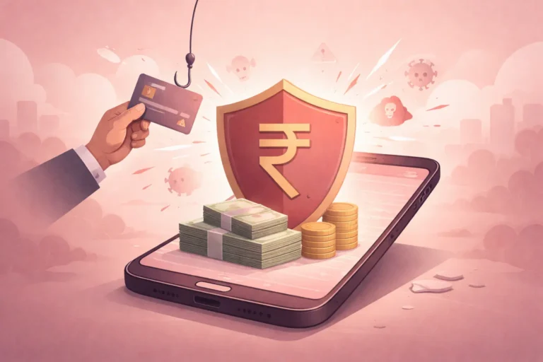 **SEO-friendly Alt Text:** “Minimalist editorial illustration of a smartphone with money and coins protected by a glowing shield with a rupee symbol, while a phishing hook with a bank card approaches, symbolizing RBI’s proposed protection and compensation for digital payment fraud.”